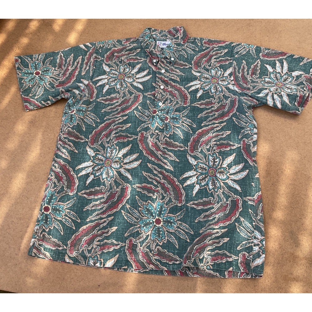 Reyn Spooner Mens Large Green Floral Batik Pullover Hawaiian Shirt Tailored HI
